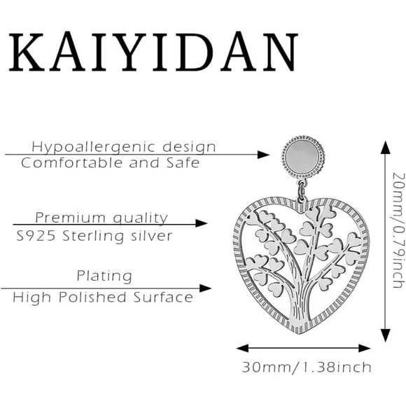 Silver Tree life Heart Statement Vintage Long Summer Earring for Women Jewelry - Picture 4 of 9